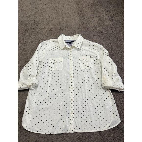 Tommy Hilfiger Women's Polka Dot Navy Ivory Size 2X Roll Tab Sleeve - Picture 2 of 10